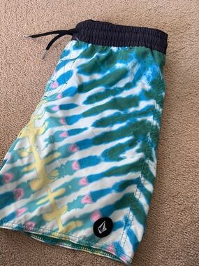 Volcom Teal, Green & White Tie-Dye Swim Shorts